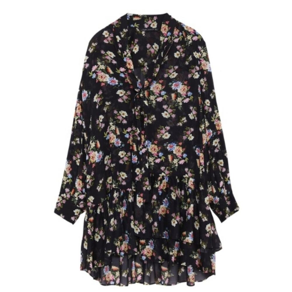 Zara Black Floral Semi Sheer Chiffon Tunic Ruffle Cocktail Mock Neck Dress